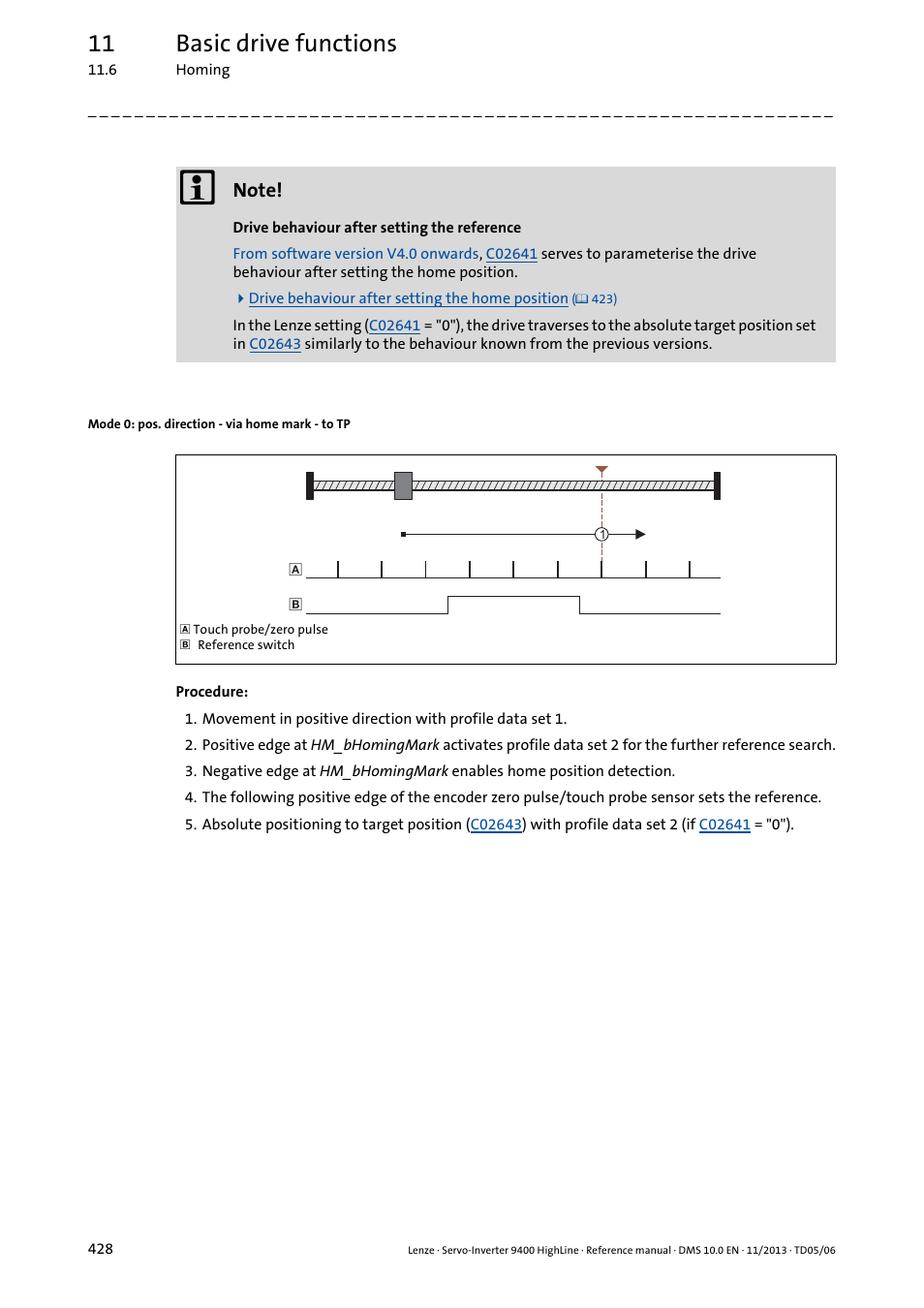 Mode 0: pos. direction - via home mark - to tp, 11 basic drive functions | Lenze 9400 User Manual | Page 428 / 954