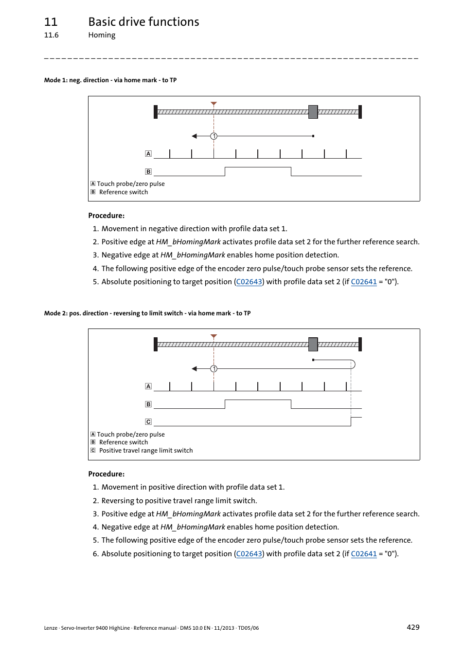 Mode 1: neg. direction - via home mark - to tp, 11 basic drive functions | Lenze 9400 User Manual | Page 429 / 954