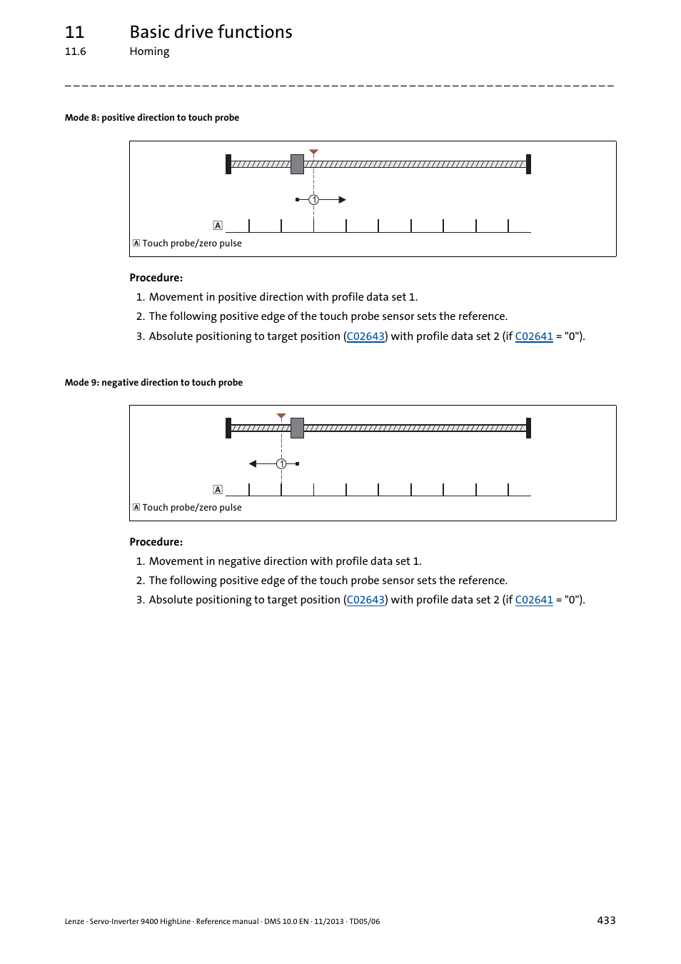 Mode 8: positive direction to touch probe, Mode 9: negative direction to touch probe, 11 basic drive functions | Lenze 9400 User Manual | Page 433 / 954