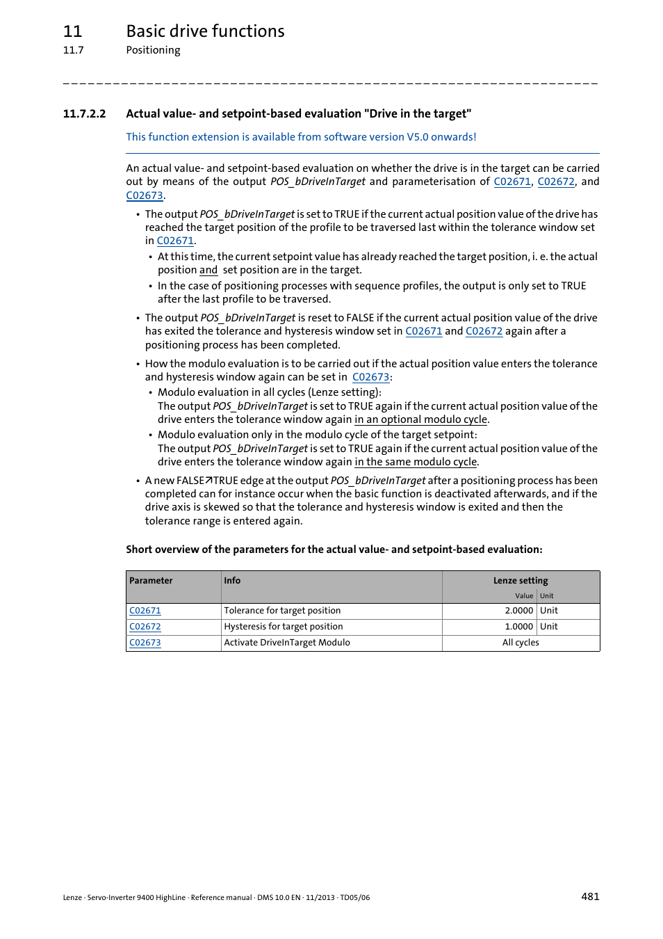 Actual value- and setpoint-based, Evaluation "drive in the target, 11 basic drive functions | Lenze 9400 User Manual | Page 481 / 954