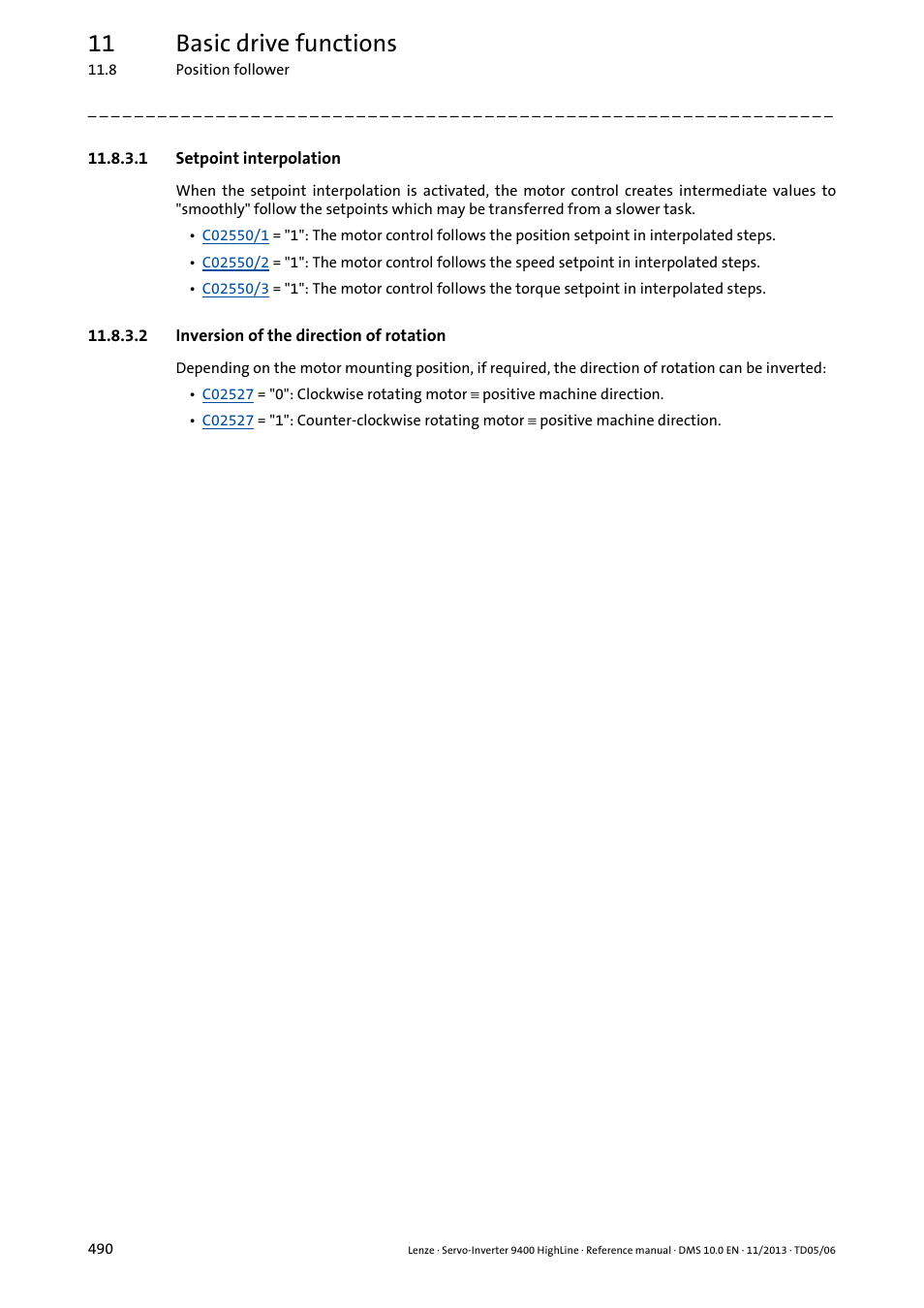 1 setpoint interpolation, 2 inversion of the direction of rotation, 11 basic drive functions | Lenze 9400 User Manual | Page 490 / 954