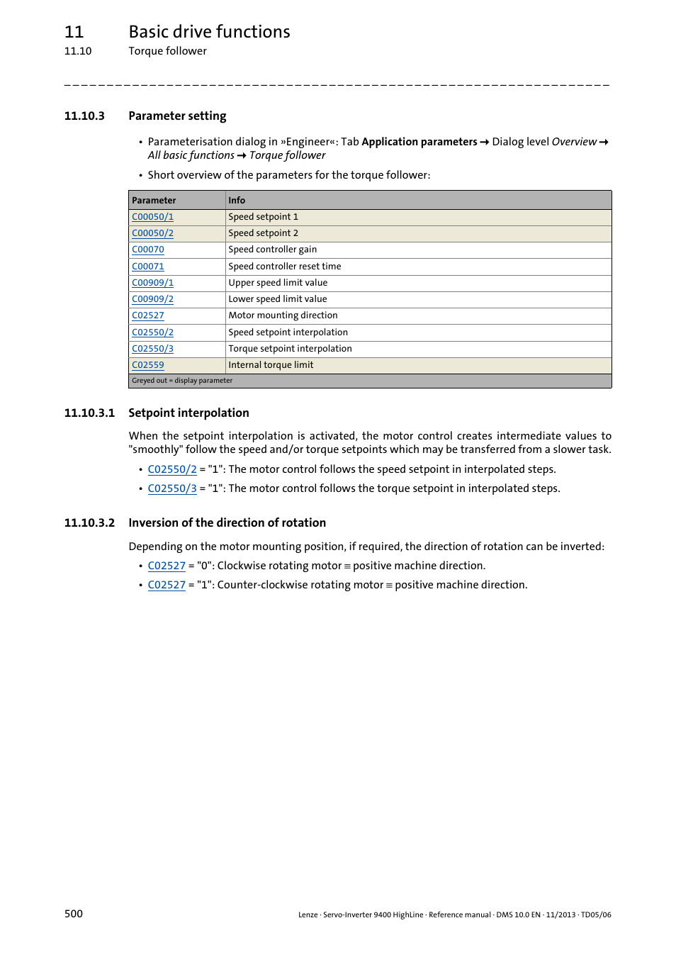 3 parameter setting, 1 setpoint interpolation, 2 inversion of the direction of rotation | 11 basic drive functions | Lenze 9400 User Manual | Page 500 / 954