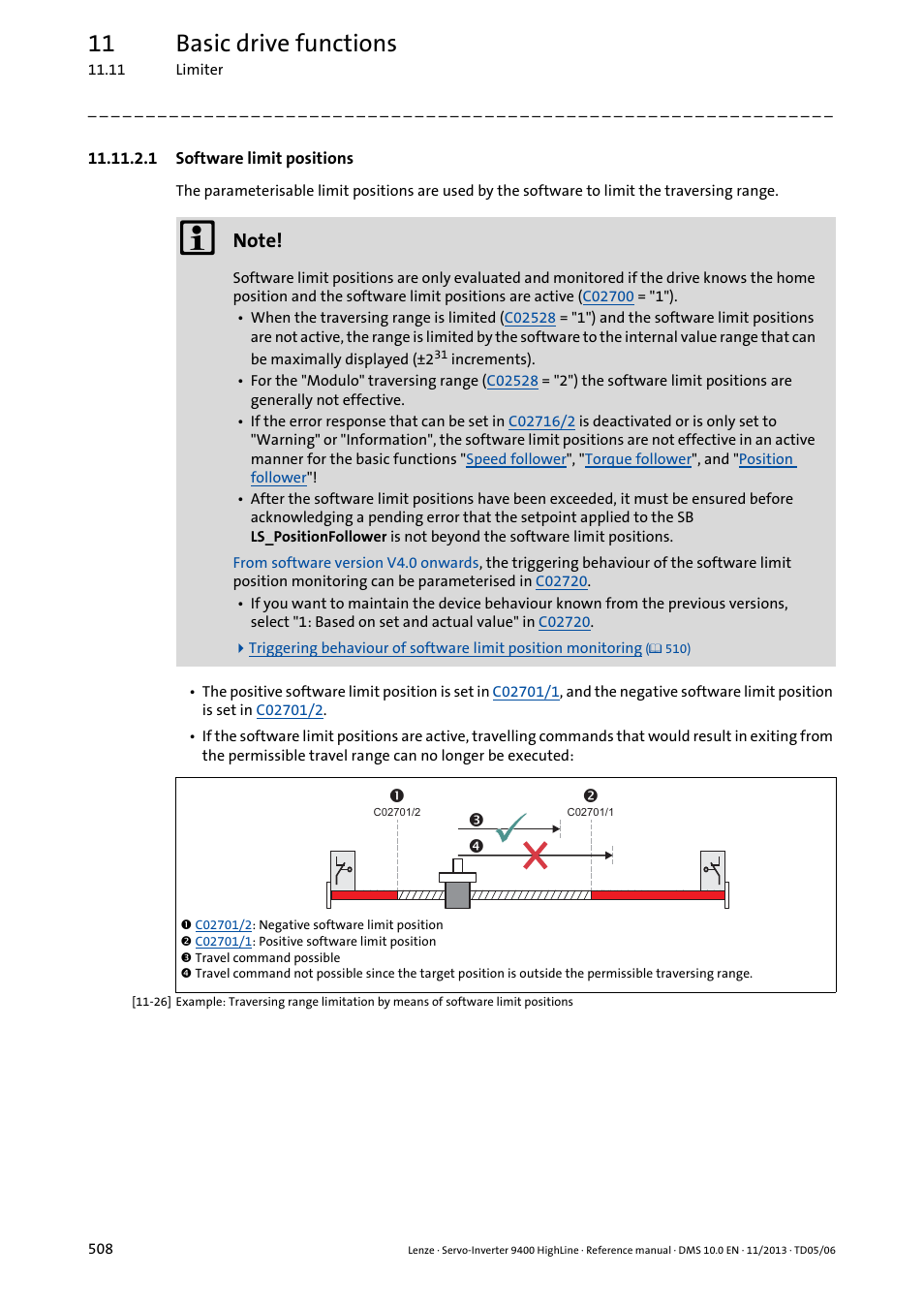 1 software limit positions, Software limit positions, 11 basic drive functions | Lenze 9400 User Manual | Page 508 / 954