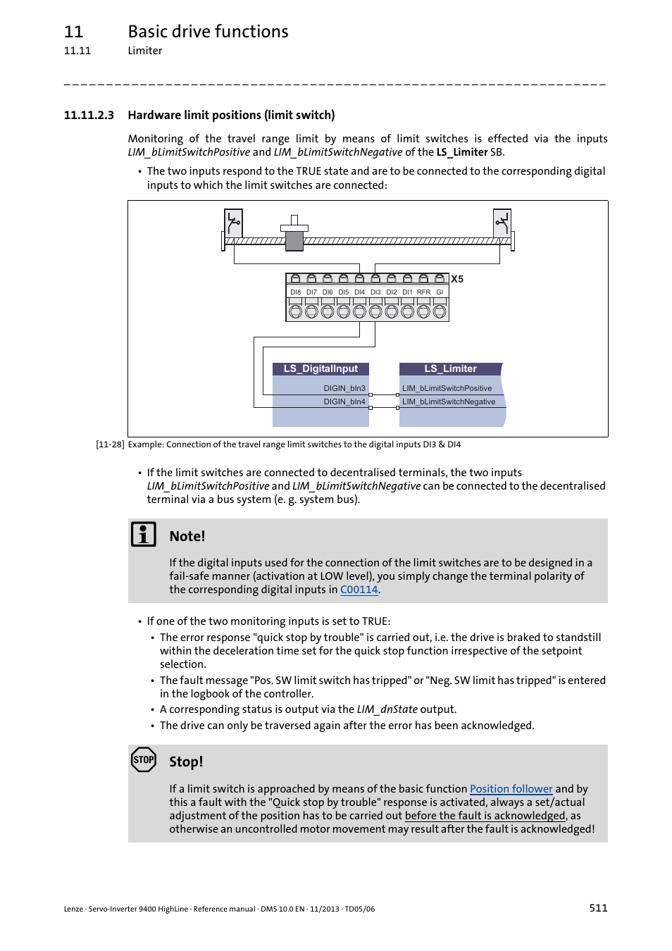 3 hardware limit positions (limit switch), Hardware limit positions (limit switch), 11 basic drive functions | Stop | Lenze 9400 User Manual | Page 511 / 954