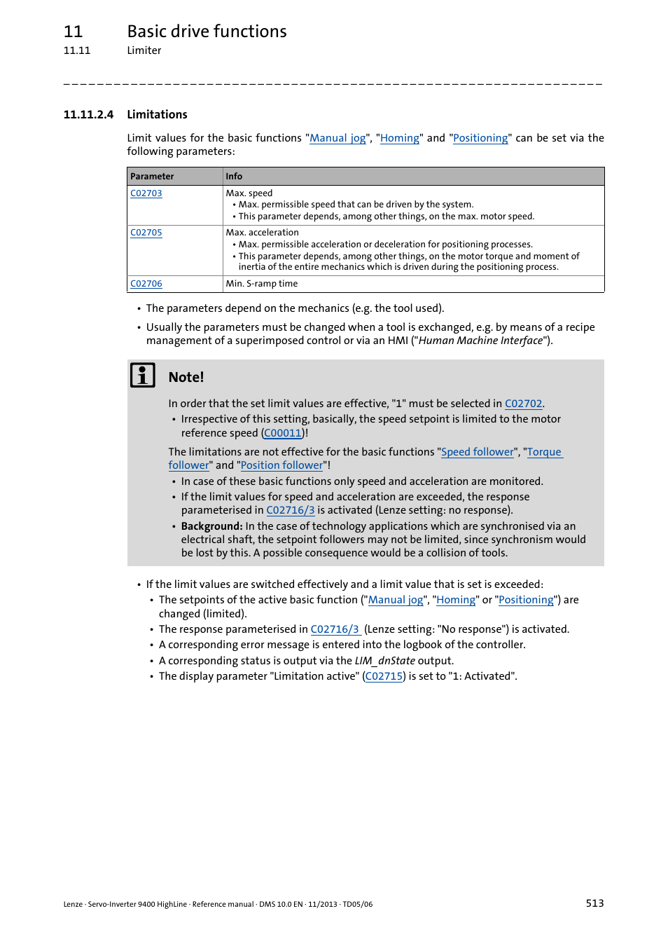 4 limitations, 11 basic drive functions | Lenze 9400 User Manual | Page 513 / 954