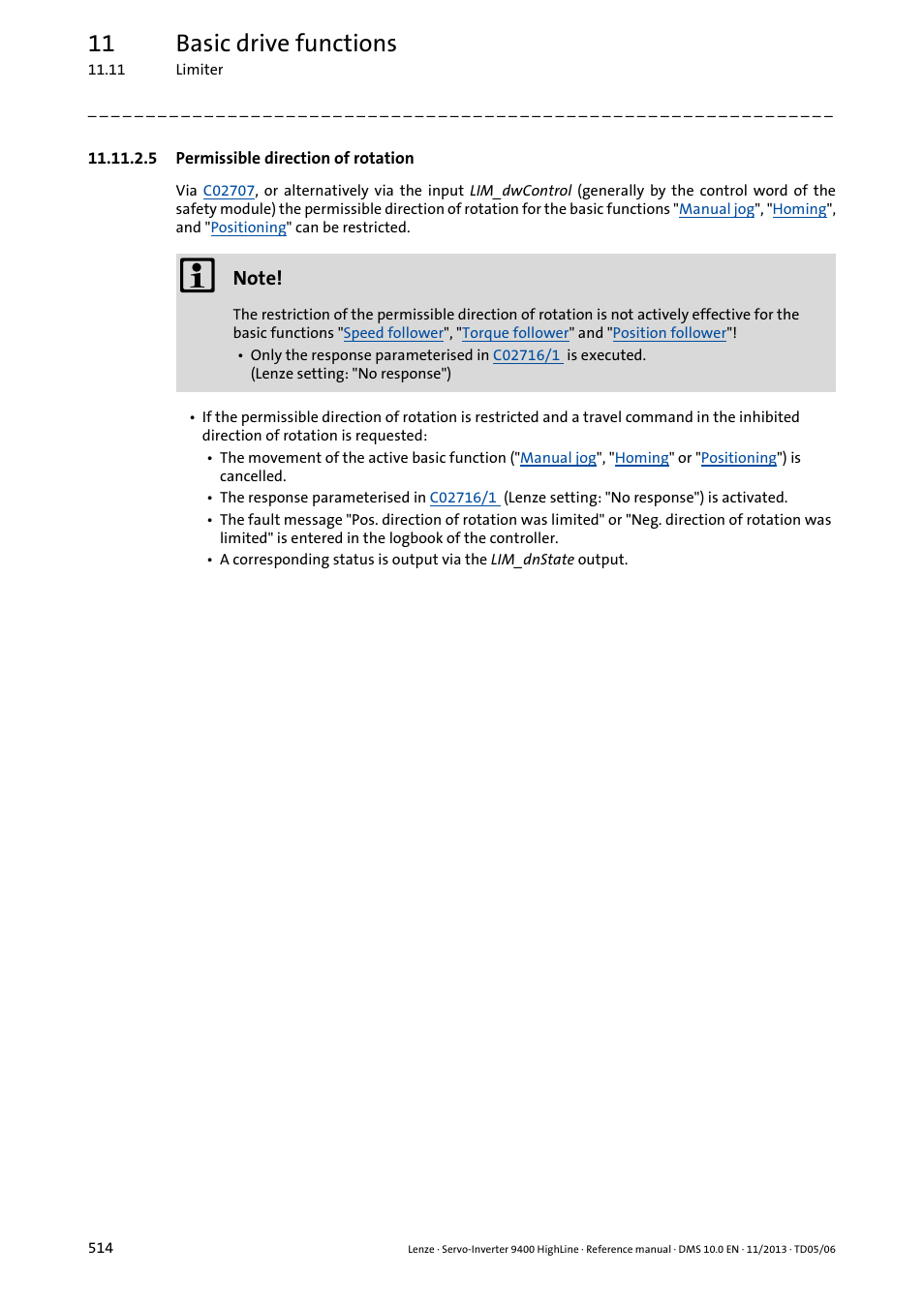 5 permissible direction of rotation, 11 basic drive functions | Lenze 9400 User Manual | Page 514 / 954