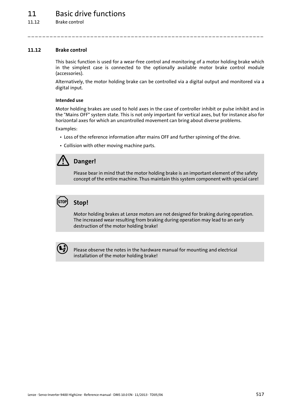 12 brake control, Brake control, Pter | Brake control ( 517), 11 basic drive functions | Lenze 9400 User Manual | Page 517 / 954