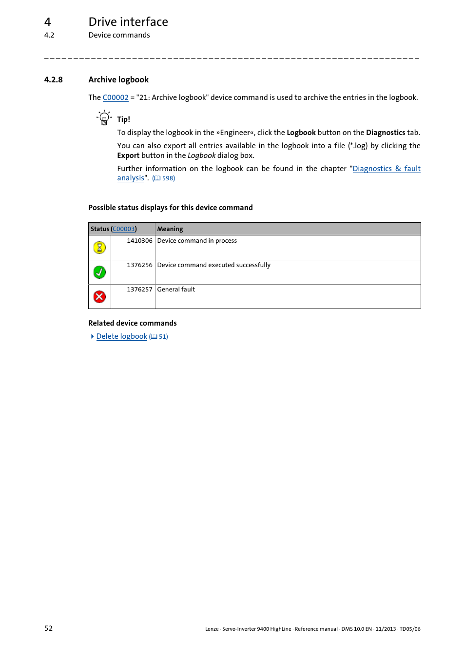 8 archive logbook, Archive logbook, 4drive interface | Lenze 9400 User Manual | Page 52 / 954