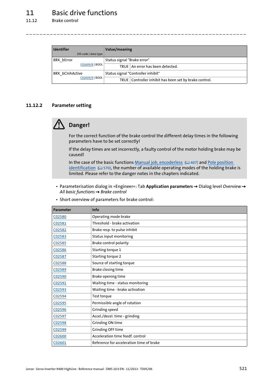 2 parameter setting, 11 basic drive functions, Danger | Lenze 9400 User Manual | Page 521 / 954