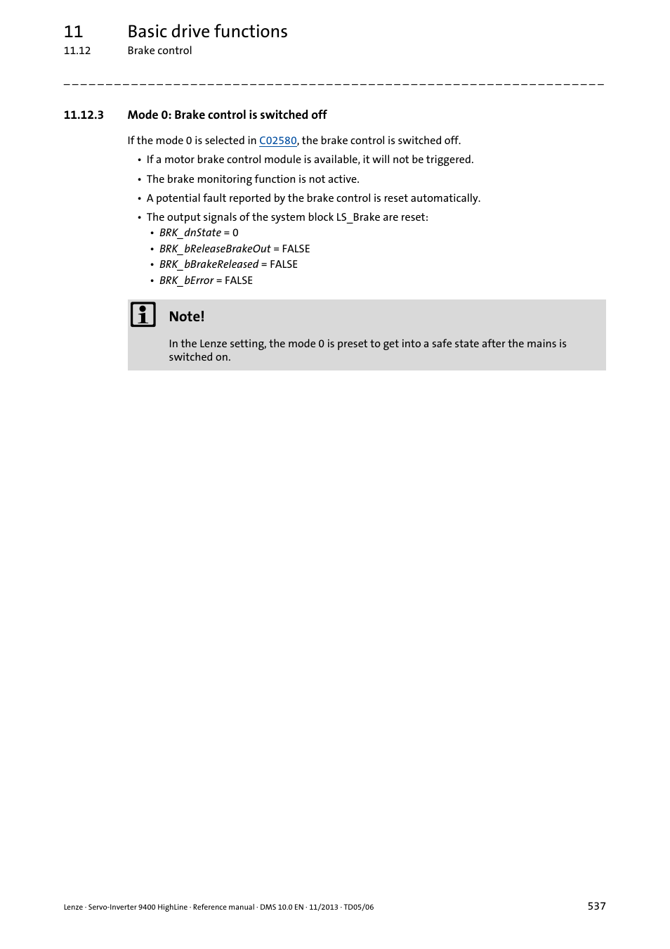 3 mode 0: brake control is switched off, Mode 0: brake control is switched off, 11 basic drive functions | Lenze 9400 User Manual | Page 537 / 954