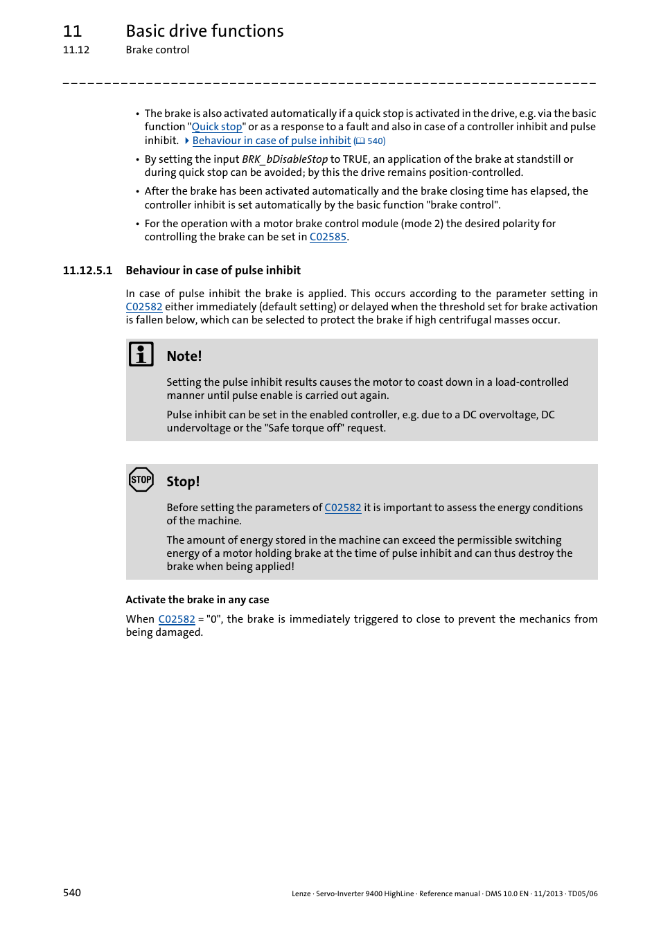 1 behaviour in case of pulse inhibit, 11 basic drive functions | Lenze 9400 User Manual | Page 540 / 954