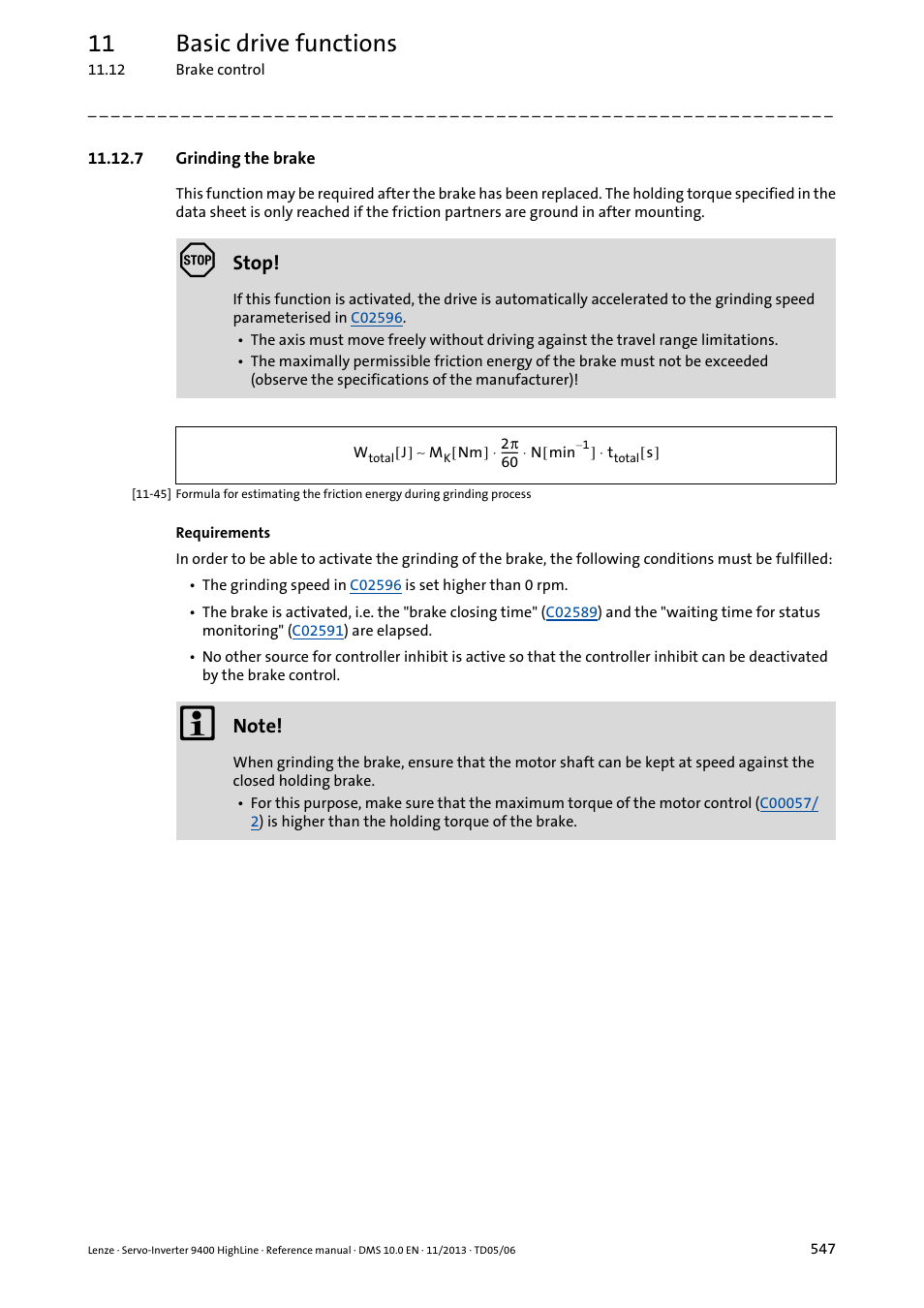 7 grinding the brake, Grinding the brake ( 547), 11 basic drive functions | Stop | Lenze 9400 User Manual | Page 547 / 954