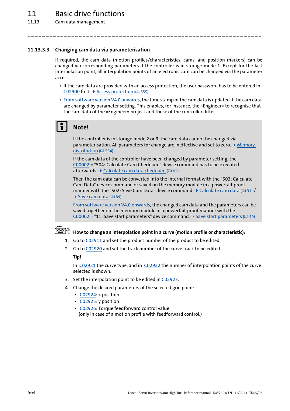 3 changing cam data via parameterisation, Changing cam data via parameterisation, 11 basic drive functions | Lenze 9400 User Manual | Page 564 / 954