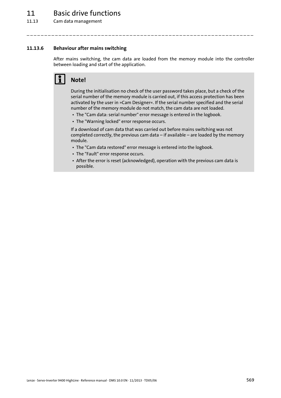 6 behaviour after mains switching, 11 basic drive functions | Lenze 9400 User Manual | Page 569 / 954