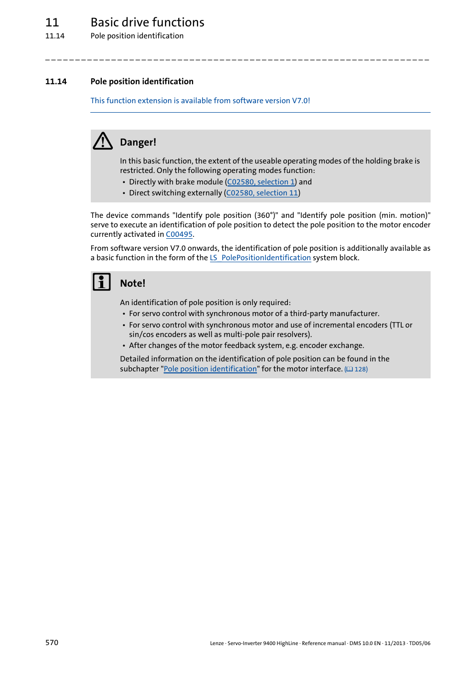 14 pole position identification, Pole position identification, Pole | Position identification, Pole position identification ( 570), Pole position, Identification, 11 basic drive functions | Lenze 9400 User Manual | Page 570 / 954