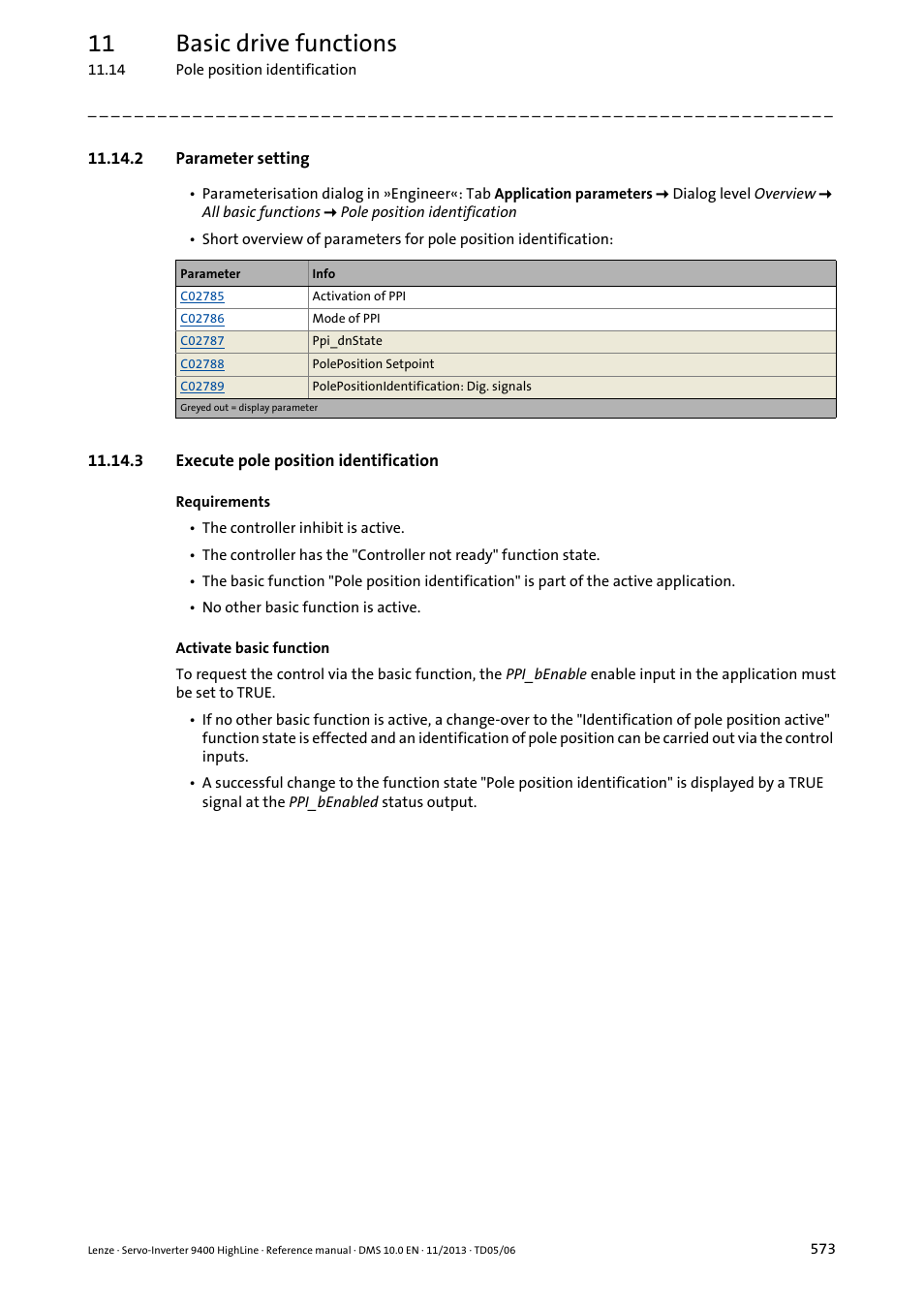 2 parameter setting, 3 execute pole position identification, 11 basic drive functions | Lenze 9400 User Manual | Page 573 / 954