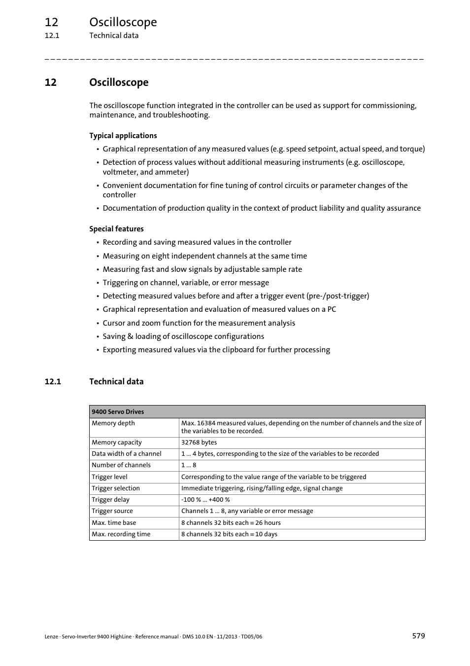 12 oscilloscope, 1 technical data, Oscilloscope | Oscilloscope ( 579), Art position with the, For purposes, Tion | Lenze 9400 User Manual | Page 579 / 954