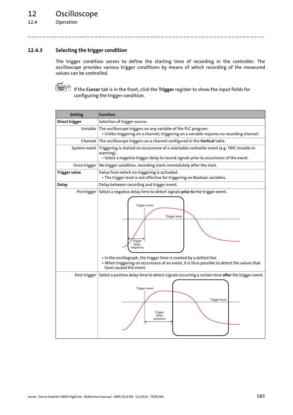 3 selecting the trigger condition, Trigger settings, 12 oscilloscope | Lenze 9400 User Manual | Page 585 / 954