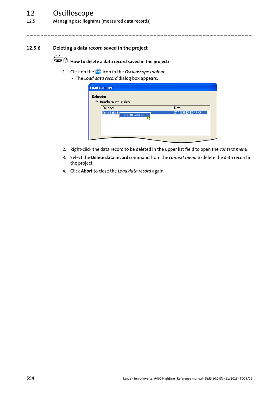 6 deleting a data record saved in the project, 12 oscilloscope | Lenze 9400 User Manual | Page 594 / 954