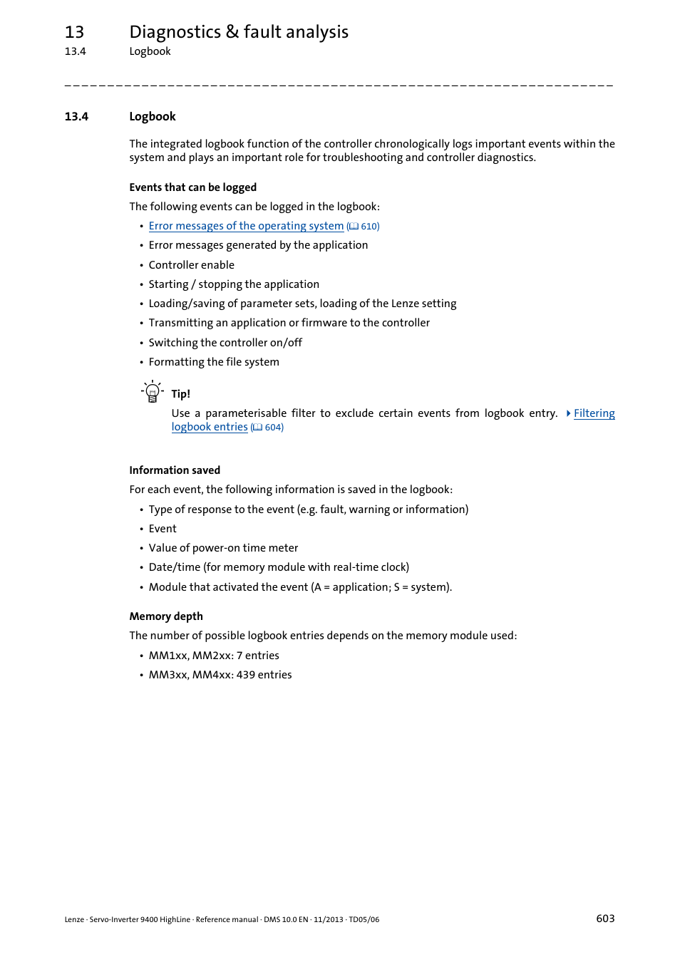 4 logbook, Logbook, 13 diagnostics & fault analysis | Lenze 9400 User Manual | Page 603 / 954