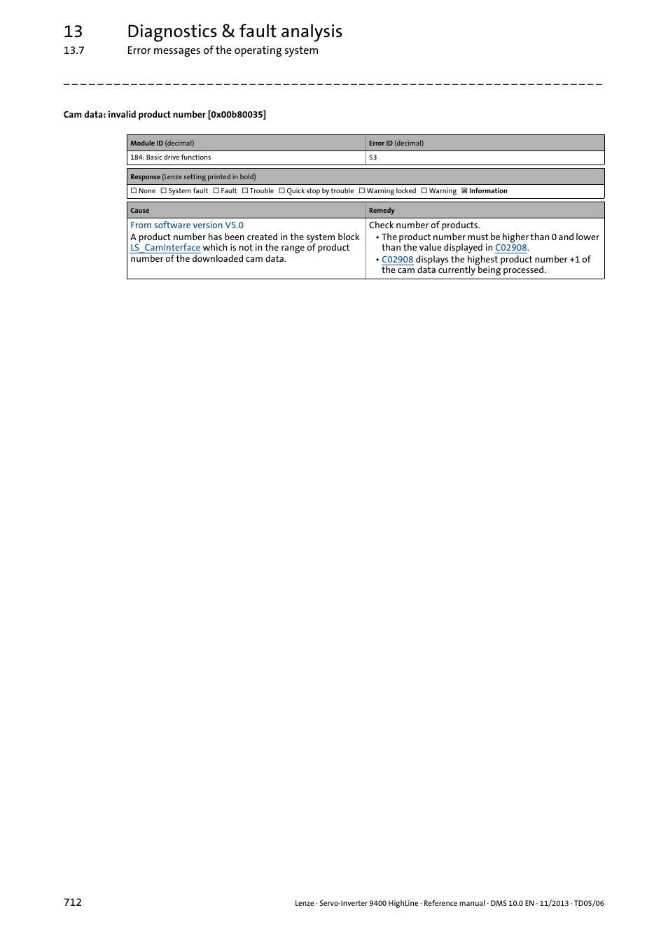 Cam data: invalid product number [0x00b80035, 0x00b80035, 13 diagnostics & fault analysis | Lenze 9400 User Manual | Page 712 / 954
