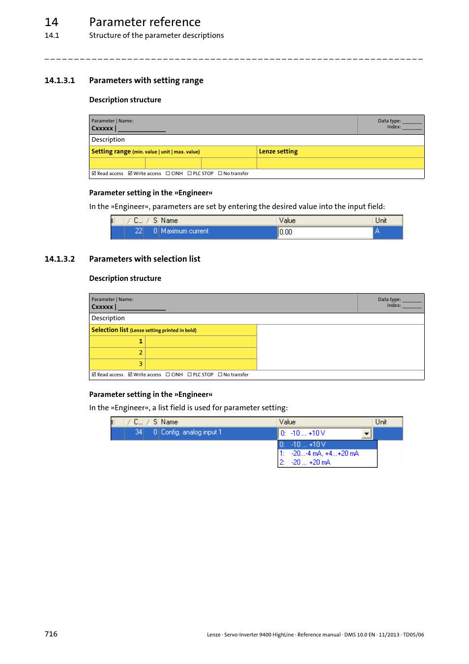 1 parameters with setting range, 2 parameters with selection list, 14 parameter reference | Lenze 9400 User Manual | Page 716 / 954