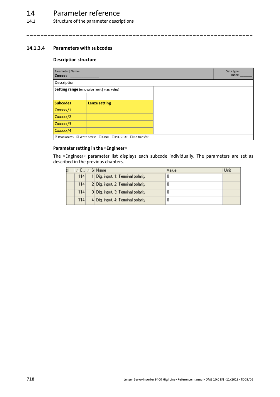 4 parameters with subcodes, 14 parameter reference | Lenze 9400 User Manual | Page 718 / 954