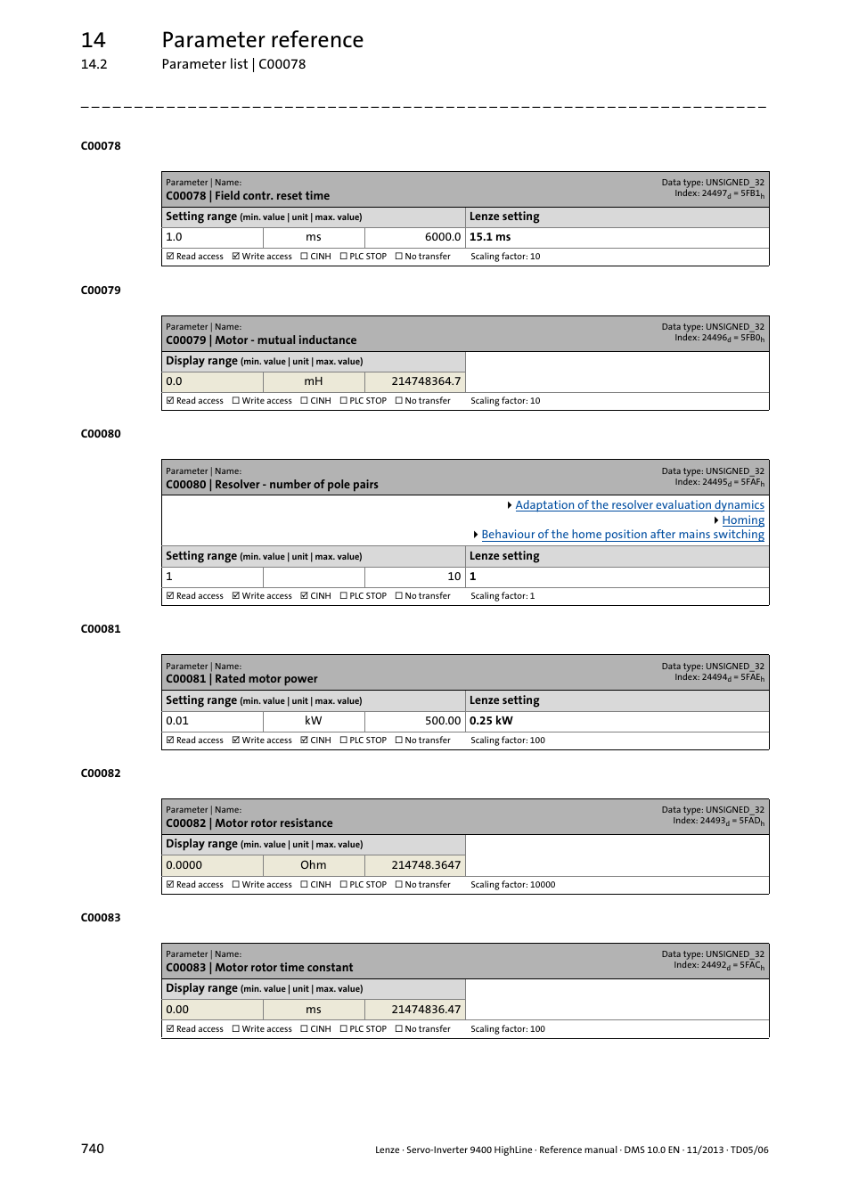 C00078 | field contr. reset time, C00079 | motor - mutual inductance, C00080 | resolver - number of pole pairs | C00081 | rated motor power, C00082 | motor rotor resistance, C00083 | motor rotor time constant, C00079, C00082, C00081, C00083 | Lenze 9400 User Manual | Page 740 / 954