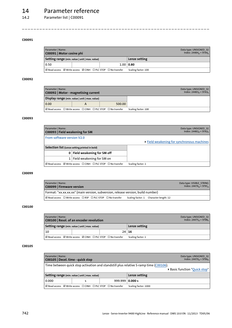 C00091 | motor cosine phi, C00092 | motor - magnetising current, C00093 | field weakening for sm | C00099 | firmware version, C00100 | resol. of an encoder revolution, C00105 | decel. time - quick stop, C00100, C00091, C00092, Defines | Lenze 9400 User Manual | Page 742 / 954