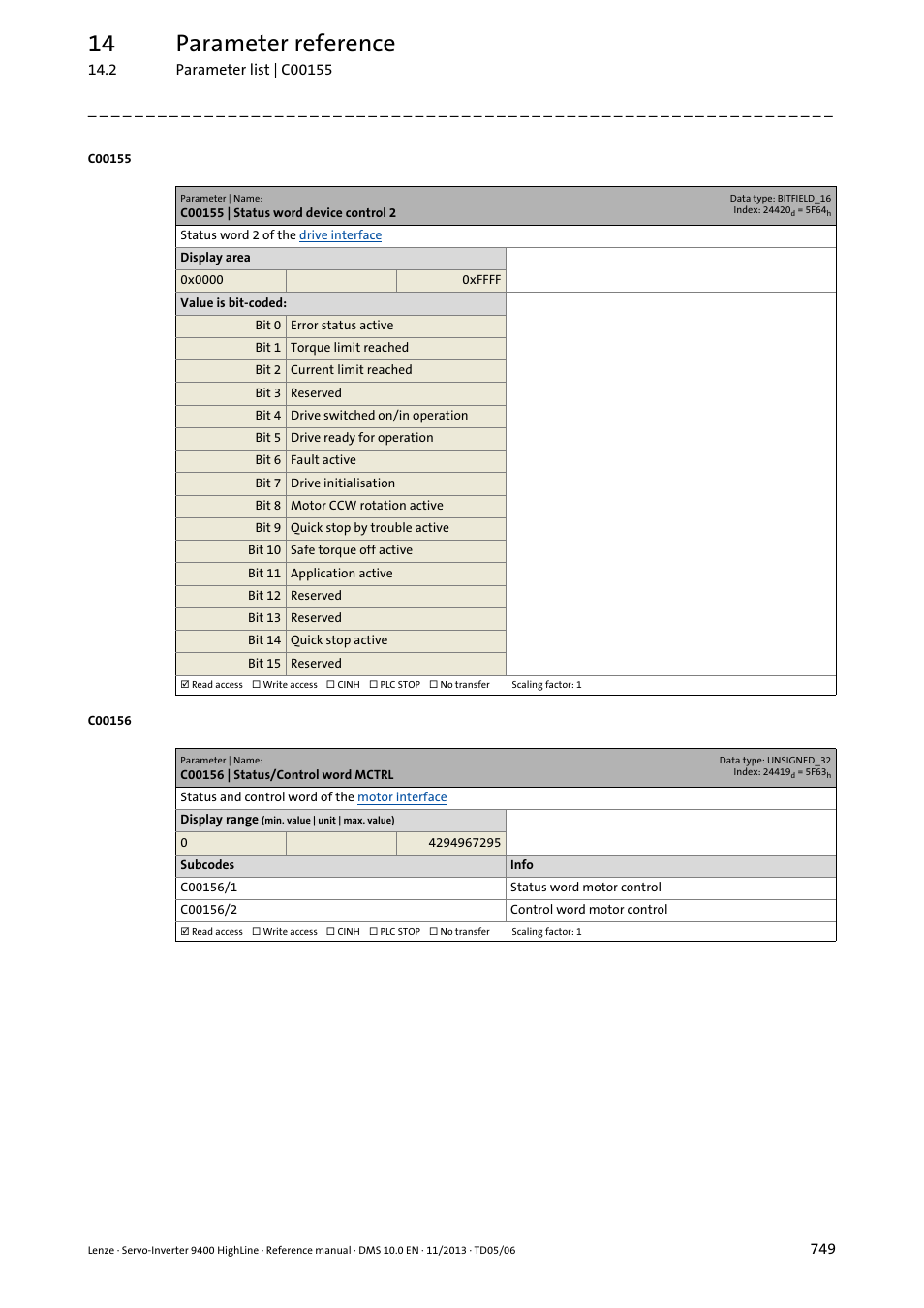 C00155 | status word device control 2, C00156 | status/control word mctrl, 14 parameter reference | Lenze 9400 User Manual | Page 749 / 954