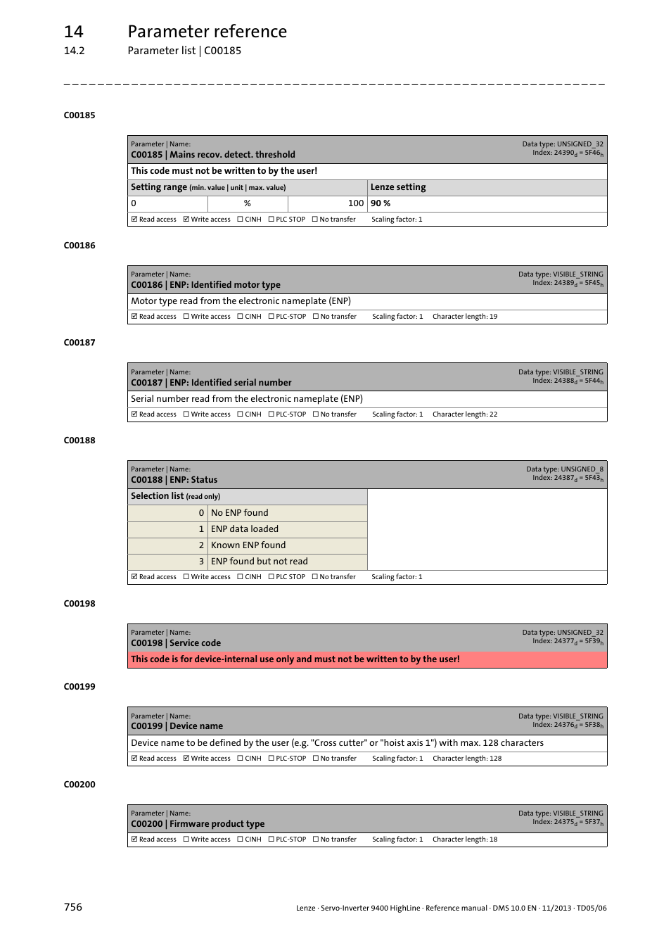 C00185 | mains recov. detect. threshold, C00186 | enp: identified motor type, C00187 | enp: identified serial number | C00188 | enp: status, C00199 | device name, C00200 | firmware product type, C00186, C00187, C00188, C00198 | Lenze 9400 User Manual | Page 756 / 954