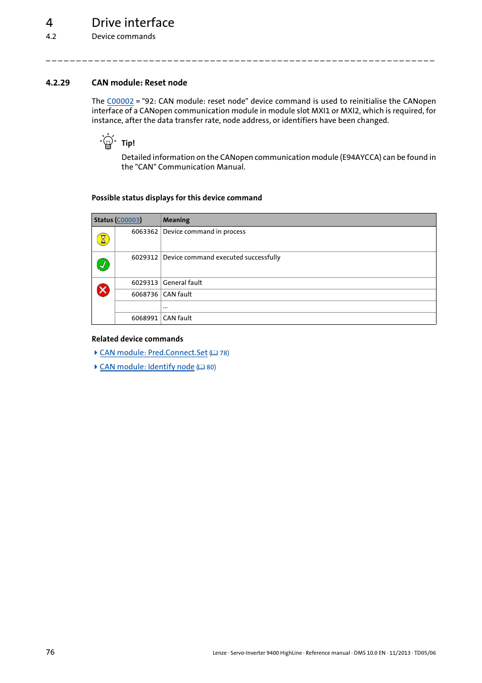 29 can module: reset node, 4drive interface | Lenze 9400 User Manual | Page 76 / 954