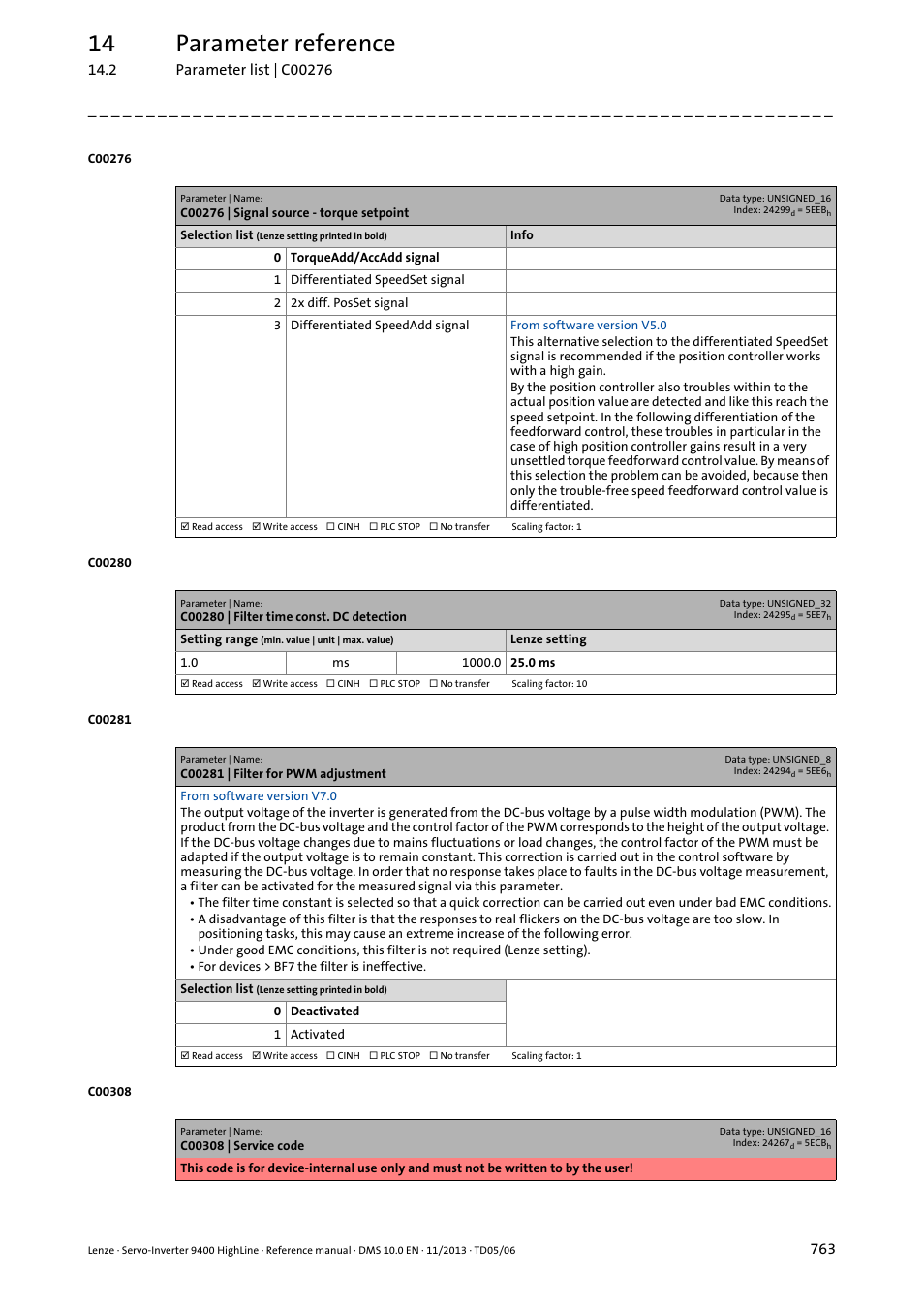 C00276 | signal source - torque setpoint, C00280 | filter time const. dc detection, C00281 | filter for pwm adjustment | C00276, Tting, 14 parameter reference | Lenze 9400 User Manual | Page 763 / 954