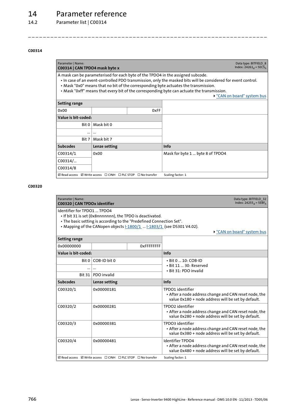 C00314 | can tpdo4 mask byte x, C00320 | can tpdox identifier, C00320/1 | C00320/2, C00320/3, C00320/4, Es of, C00320, C00314/1, 14 parameter reference | Lenze 9400 User Manual | Page 766 / 954