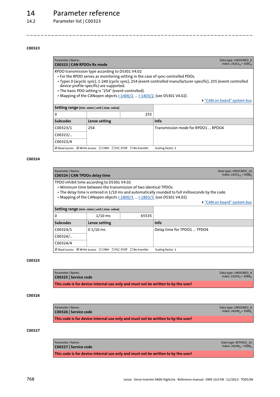 C00323 | can rpdox rx mode, C00324 | can tpdox delay time, C00323/1 | C00324/1, C00323/2, C00323/3, C00323/4, C00324/2, C00324/3, C00324/4 | Lenze 9400 User Manual | Page 768 / 954