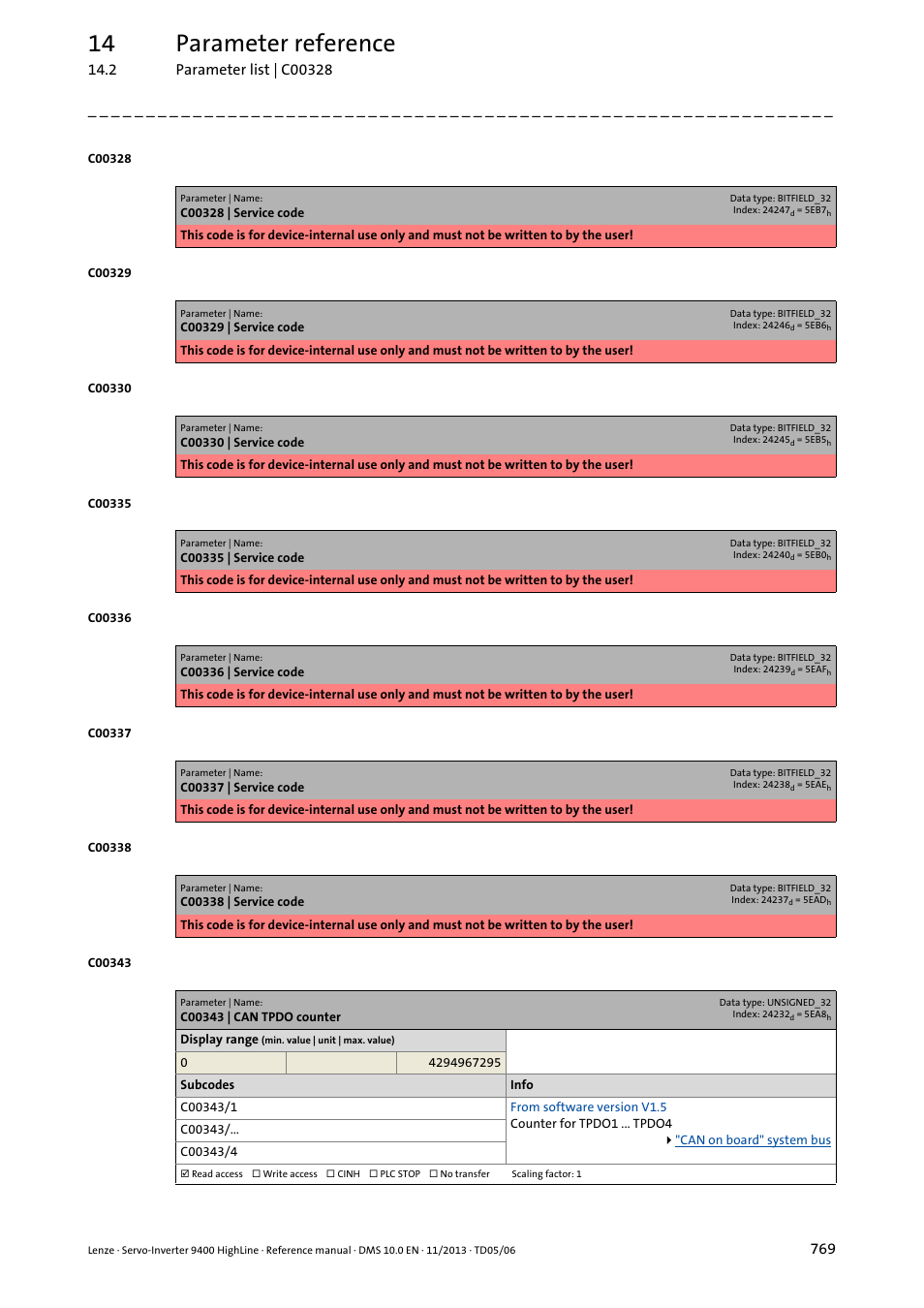 C00343 | can tpdo counter, 14 parameter reference | Lenze 9400 User Manual | Page 769 / 954