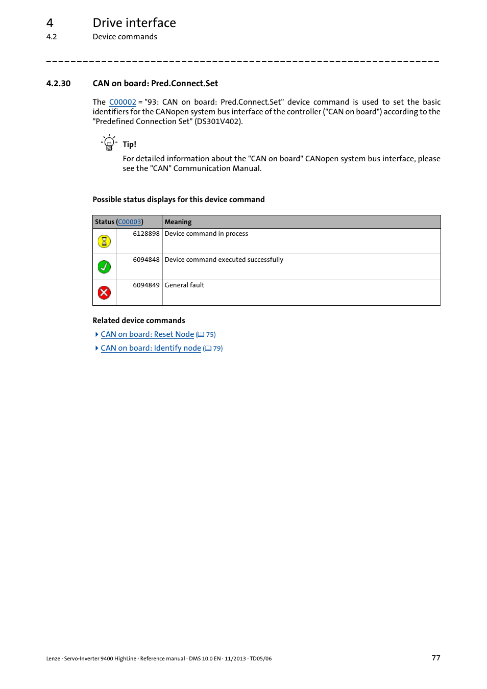 30 can on board: pred.connect.set, Can on board: pred.connect.set, 4drive interface | Lenze 9400 User Manual | Page 77 / 954