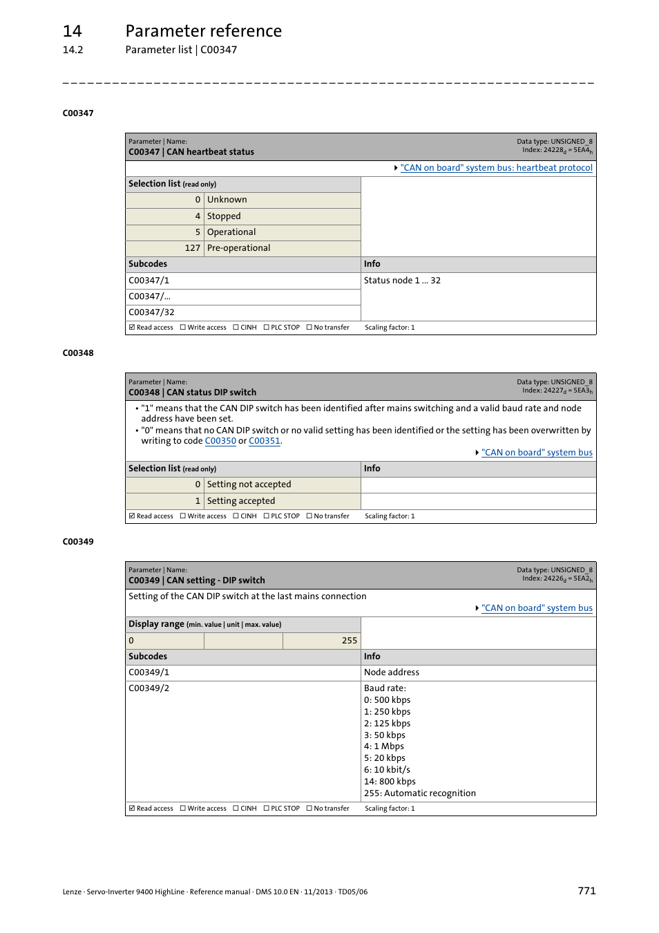 C00347 | can heartbeat status, C00348 | can status dip switch, C00349 | can setting - dip switch | C00349/1, D in, C00349/2, C00347/1, Displays the, 14 parameter reference | Lenze 9400 User Manual | Page 771 / 954