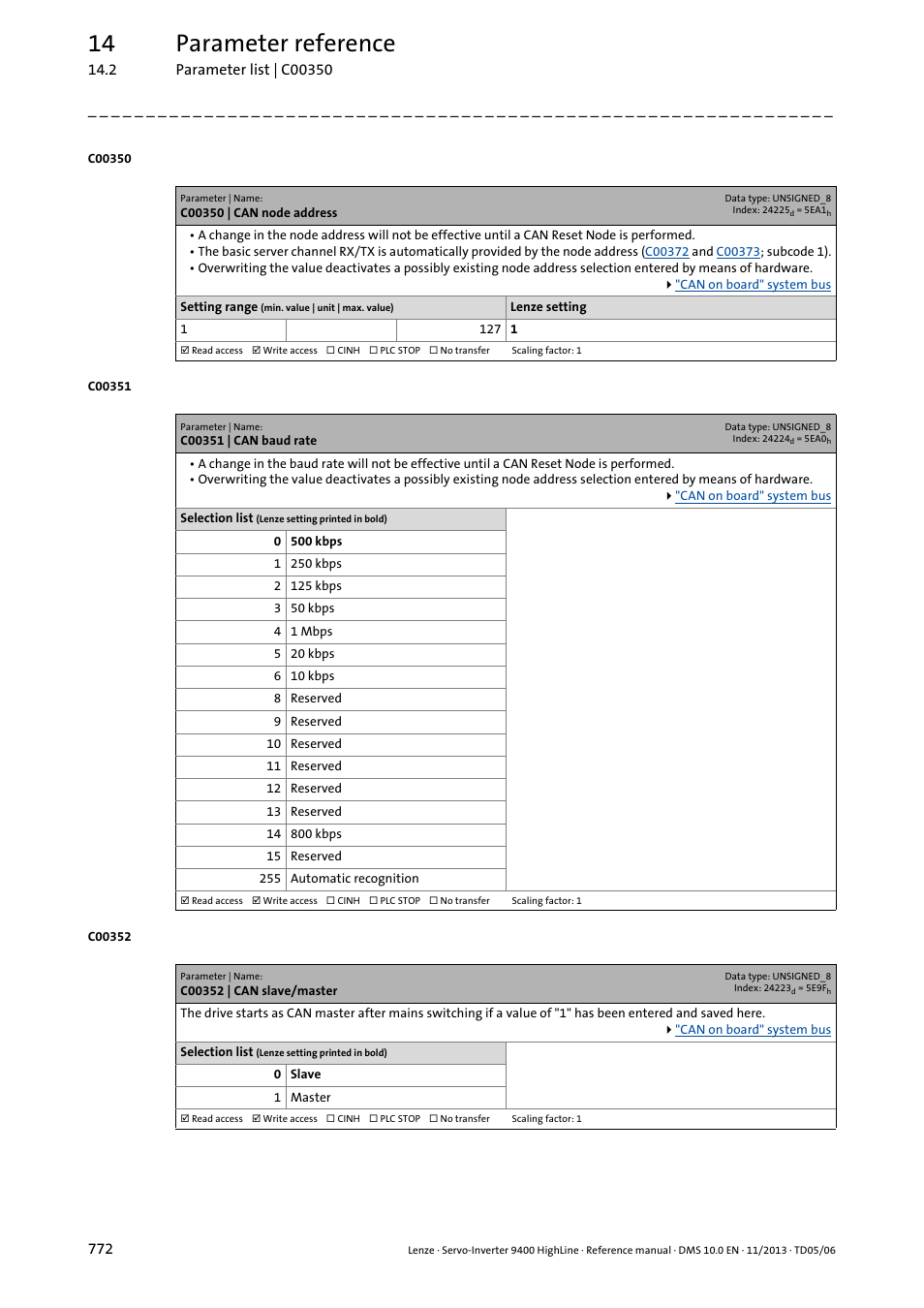 C00350 | can node address, C00351 | can baud rate, C00352 | can slave/master | C00350, C00351, Or w, Ster in, C00352, Will, 14 parameter reference | Lenze 9400 User Manual | Page 772 / 954