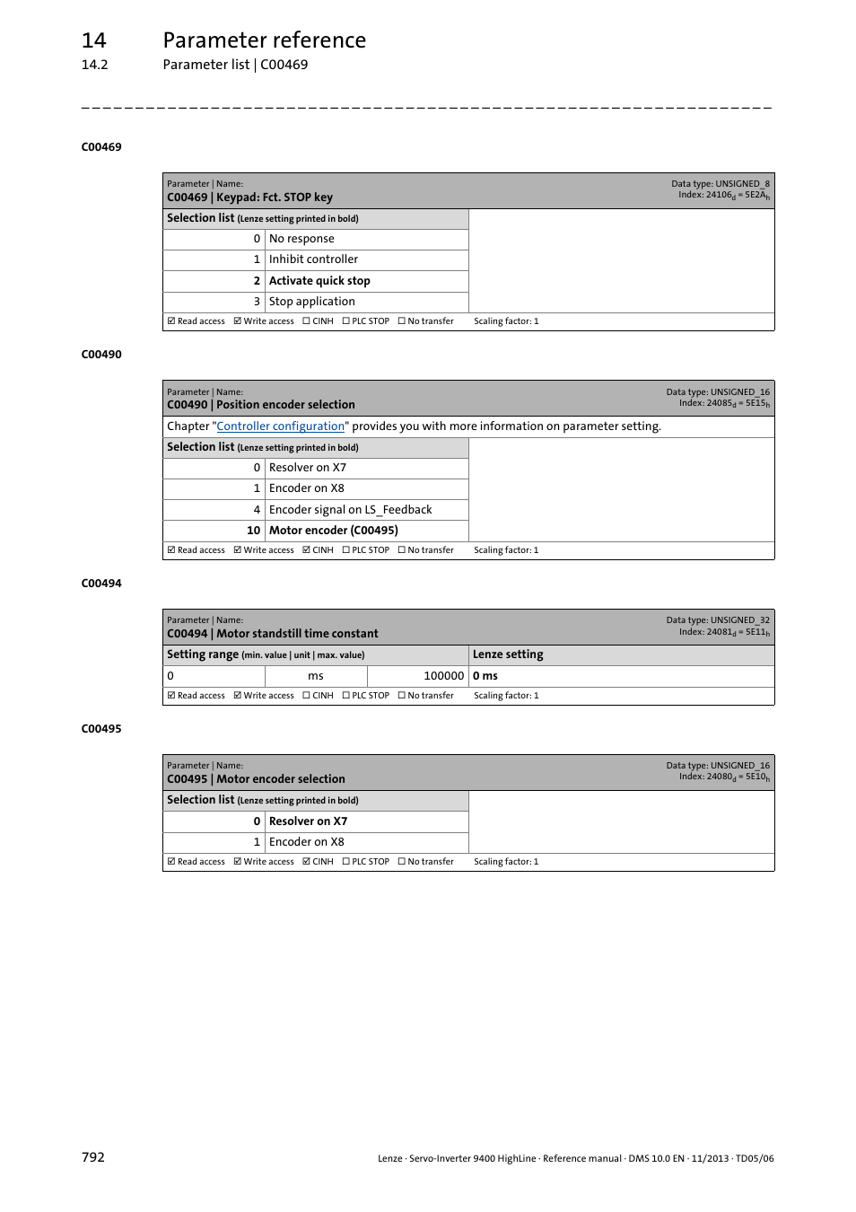 C00469 | keypad: fct. stop key, C00490 | position encoder selection, C00494 | motor standstill time constant | C00495 | motor encoder selection, C00495, Ted in, C00490, And are c, C00469, 14 parameter reference | Lenze 9400 User Manual | Page 792 / 954