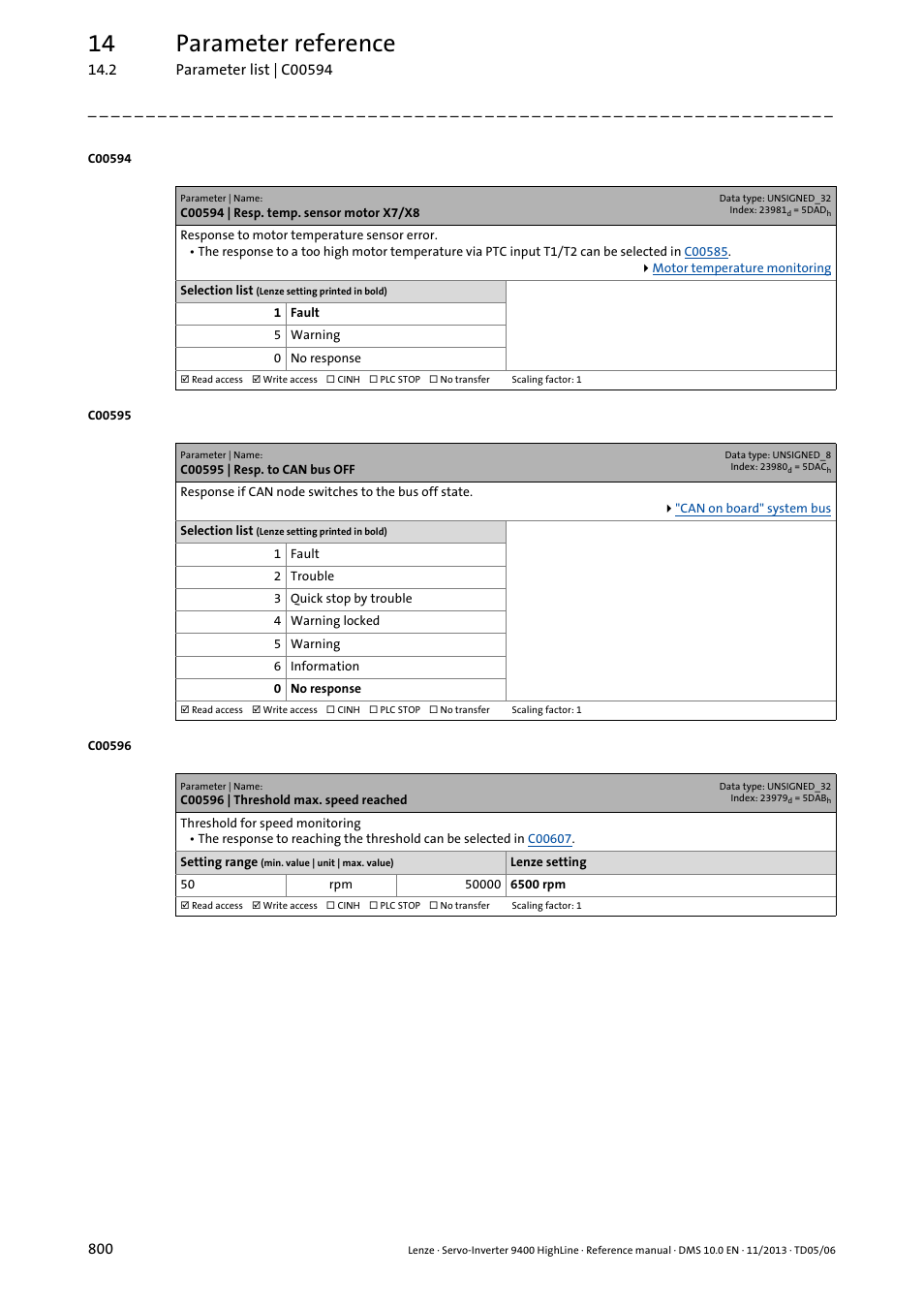 C00594 | resp. temp. sensor motor x7/x8, C00595 | resp. to can bus off, C00596 | threshold max. speed reached | C00596, And select the error response, C00594, C00595, 14 parameter reference | Lenze 9400 User Manual | Page 800 / 954
