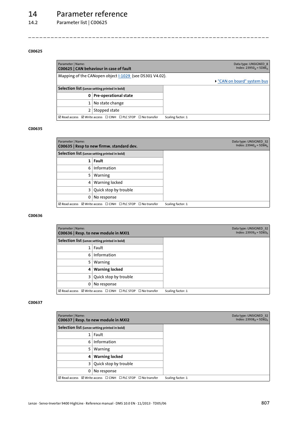 C00625 | can behaviour in case of fault, C00635 | resp to new firmw. standard dev, C00636 | resp. to new module in mxi1 | C00637 | resp. to new module in mxi2, C00625, 14 parameter reference | Lenze 9400 User Manual | Page 807 / 954