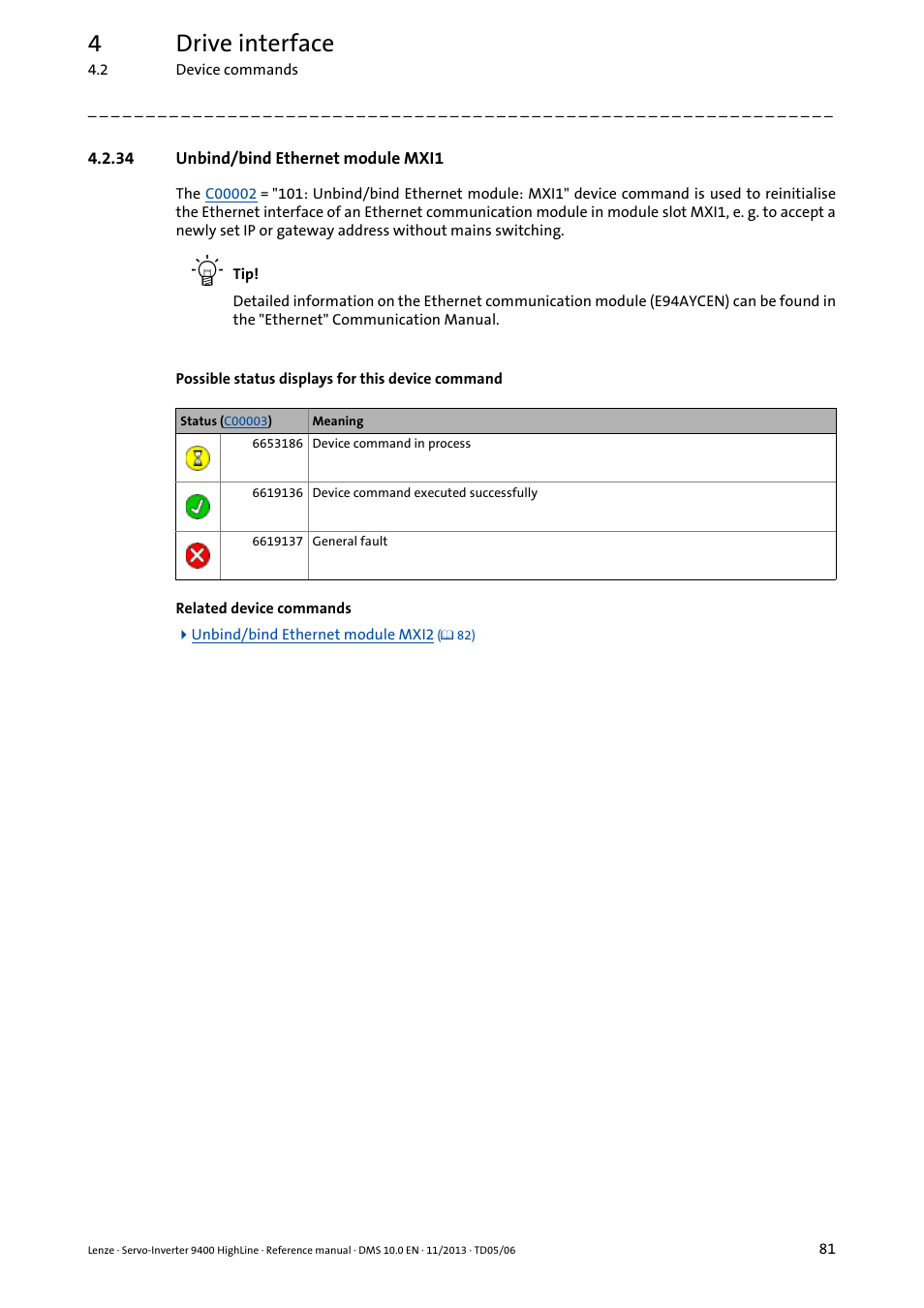 34 unbind/bind ethernet module mxi1, 4drive interface | Lenze 9400 User Manual | Page 81 / 954