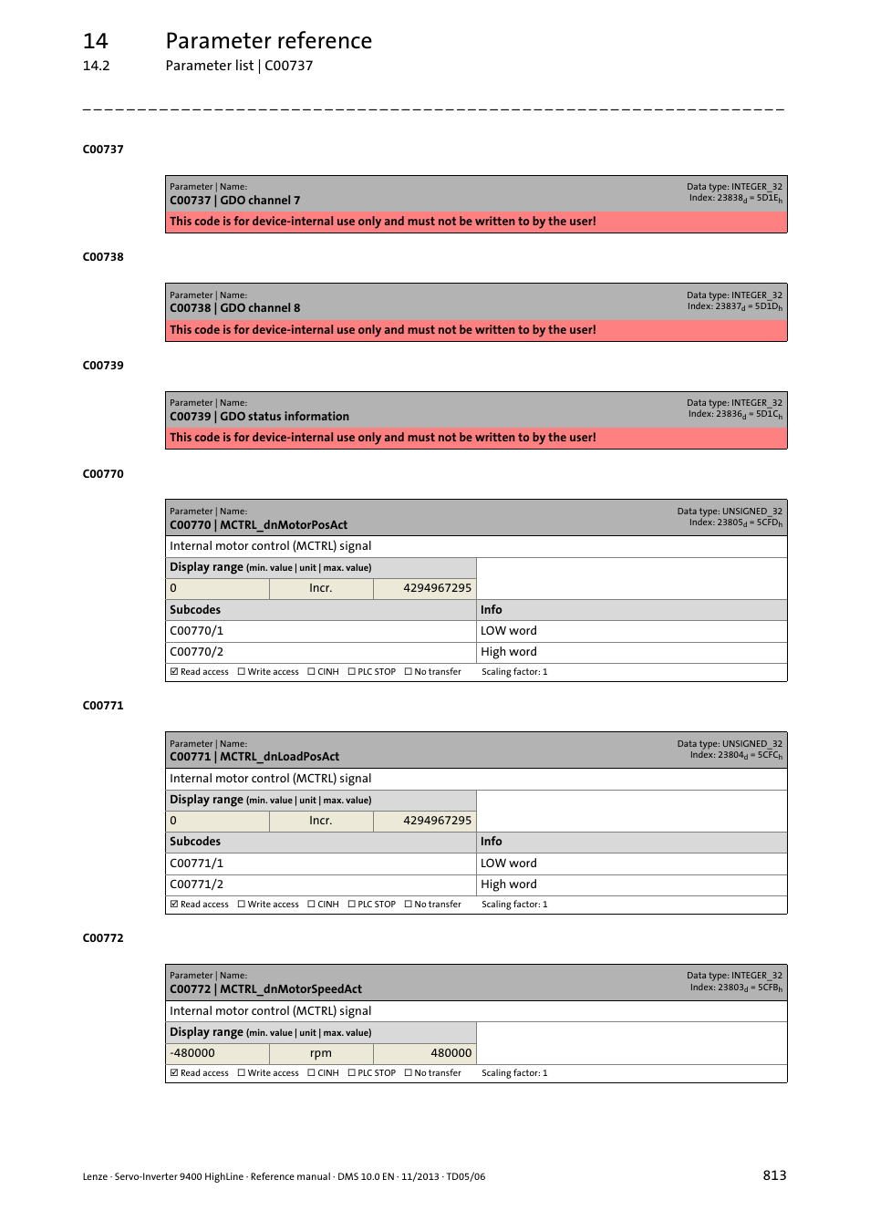 C00770 | mctrl_dnmotorposact, C00771 | mctrl_dnloadposact, C00772 | mctrl_dnmotorspeedact | C00772, C00770, 14 parameter reference | Lenze 9400 User Manual | Page 813 / 954