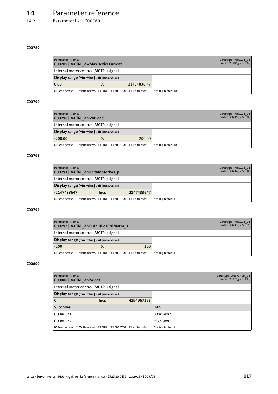 C00789 | mctrl_dwmaxdevicecurrent, C00790 | mctrl_dni2xtload, C00791 | mctrl_dndeltamotorpos_p | C00792 | mctrl_dnoutputposctrlmotor_s, C00800 | mctrl_dnposset, Ay in, C00789, 14 parameter reference | Lenze 9400 User Manual | Page 817 / 954