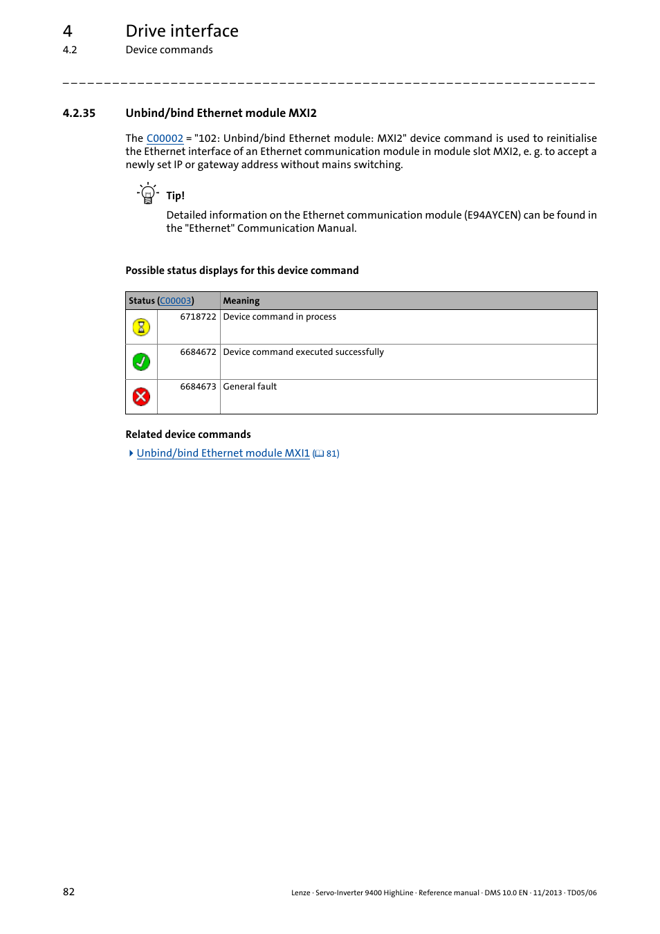 35 unbind/bind ethernet module mxi2, Unbind/bind ethernet module mxi2, 4drive interface | Lenze 9400 User Manual | Page 82 / 954