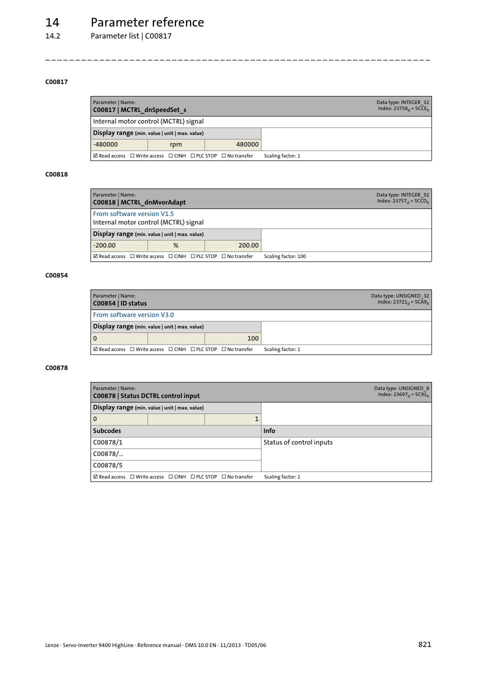C00817 | mctrl_dnspeedset_s, C00818 | mctrl_dnmvoradapt, C00854 | id status | C00878 | status dctrl control input, 14 parameter reference | Lenze 9400 User Manual | Page 821 / 954