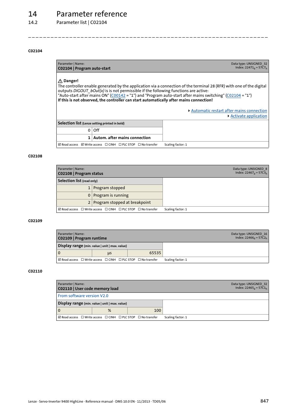 C02104 | program auto-start, C02108 | program status, C02109 | program runtime | C02110 | user code memory load, C02104, C02108, 14 parameter reference | Lenze 9400 User Manual | Page 847 / 954
