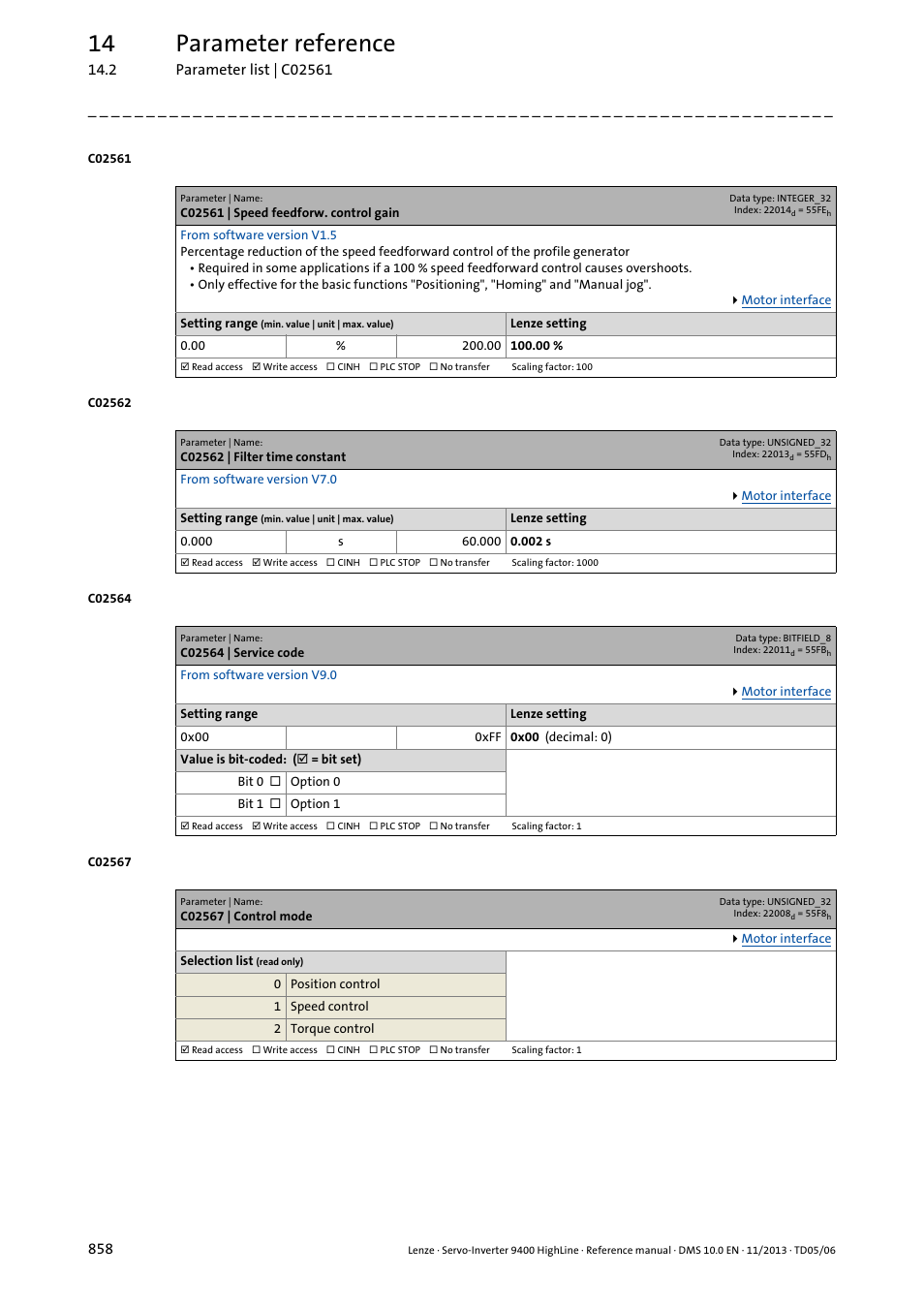 C02561 | speed feedforw. control gain, C02562 | filter time constant, C02564 | service code | C02567 | control mode, Is determined, C02562, Iltering, 14 parameter reference | Lenze 9400 User Manual | Page 858 / 954