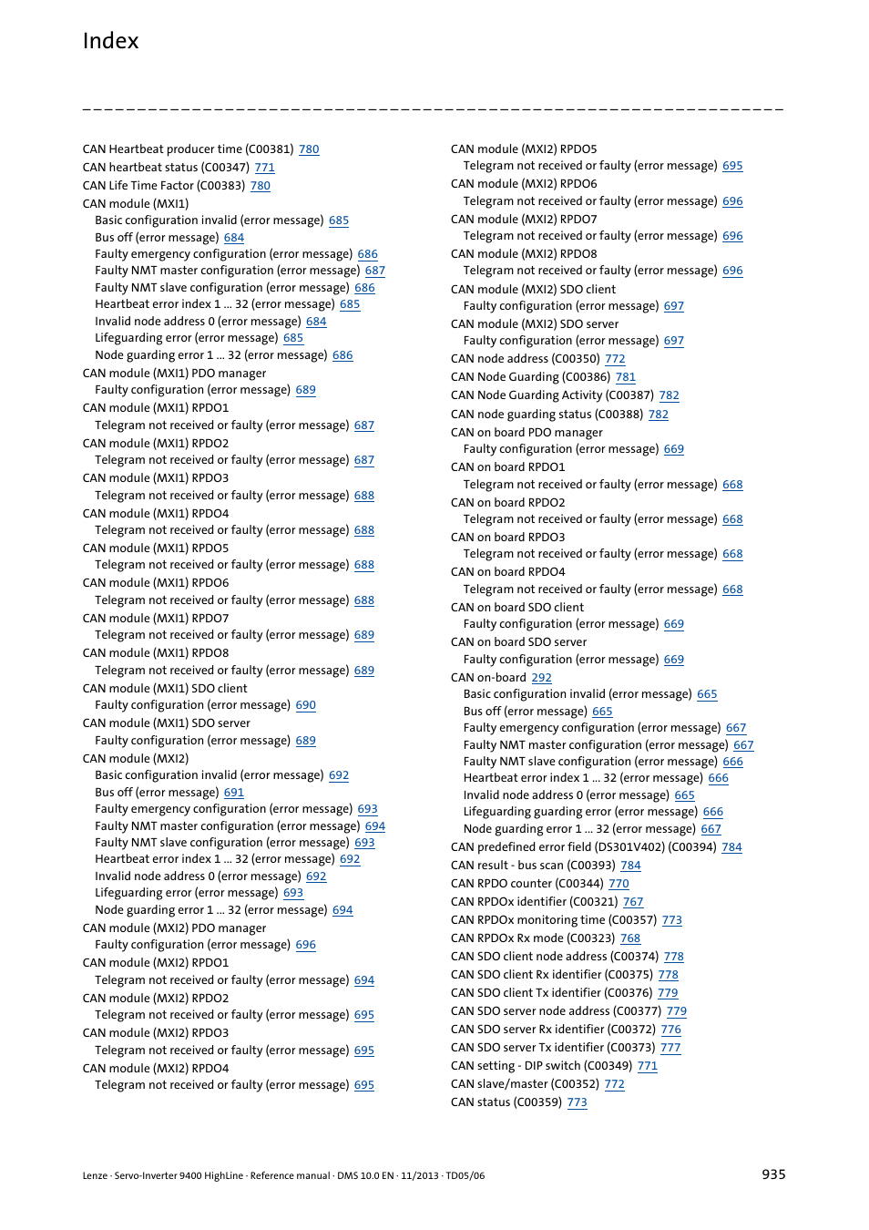 Index | Lenze 9400 User Manual | Page 935 / 954